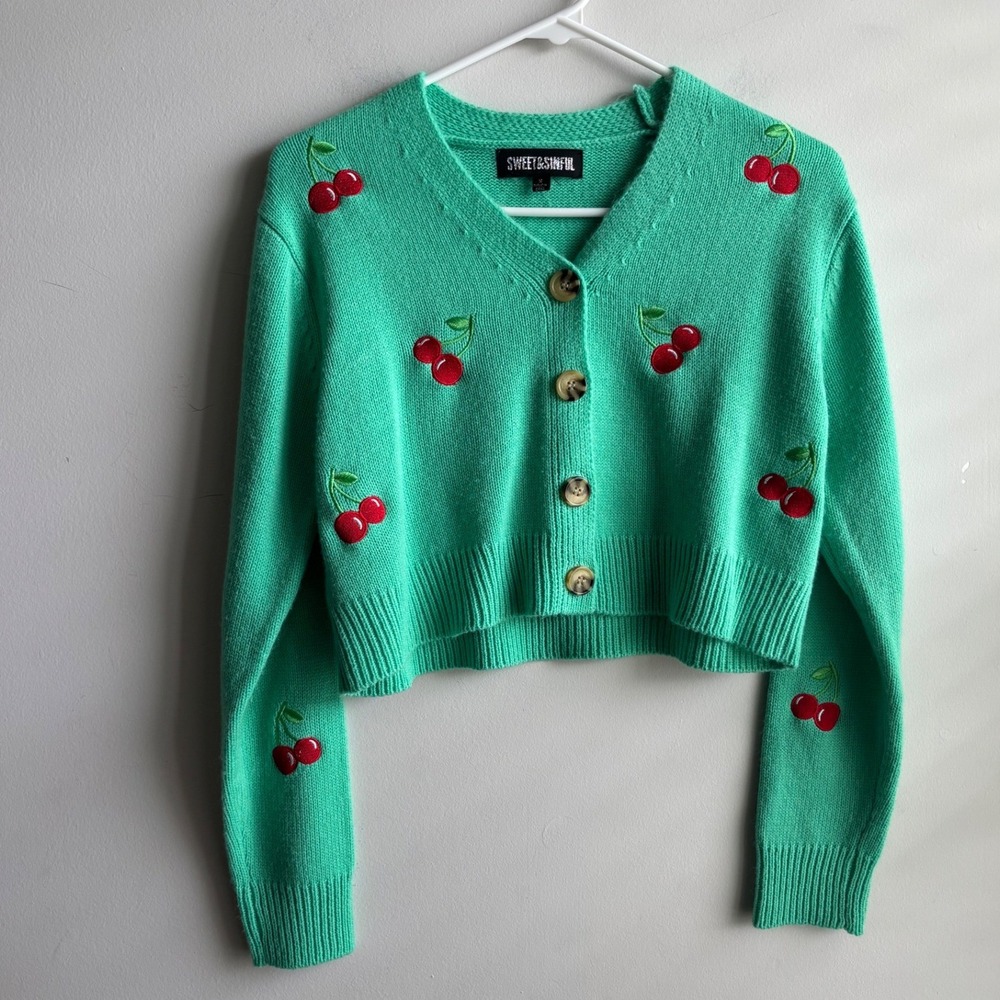 Sweet & Sinful Green Cherry Cardigan Women Size S
